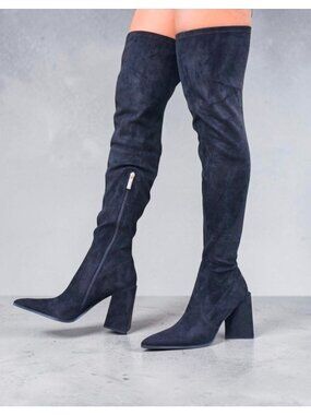 Over-The-Knee Black Faux Suede Heeled Boots With Side Zipper & Pointed Toe Women
